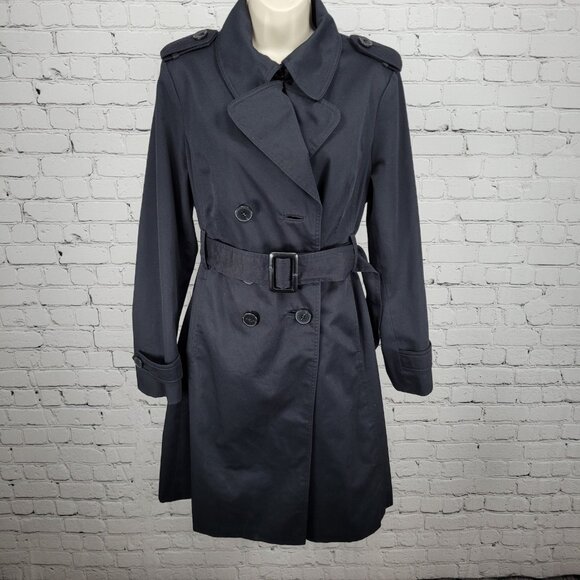 London Fog Black Double Breasted Buttoned Belted Pleated Long Trench Coat 6 - Picture 1 of 16